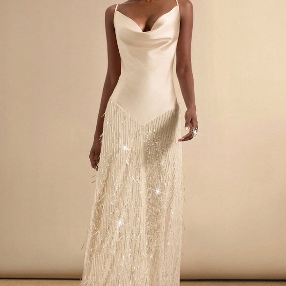 Beige Party Women's Plunging Neck Dress With Sequin Fringe Trim - Picture 3 of 7